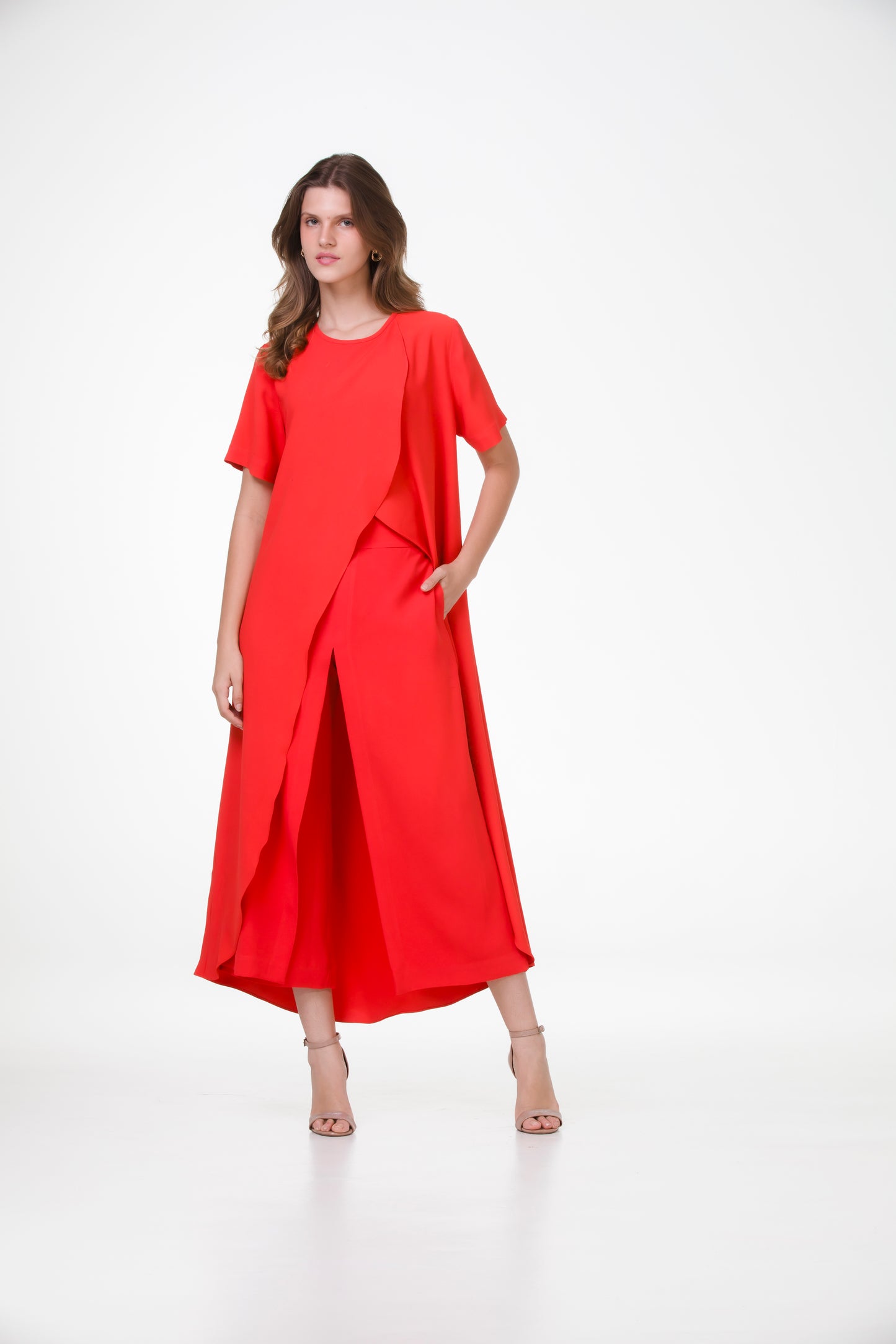 Conjunto Túnica Tulipa e Pantacourt Indiana em Crepe Patou Vermelho