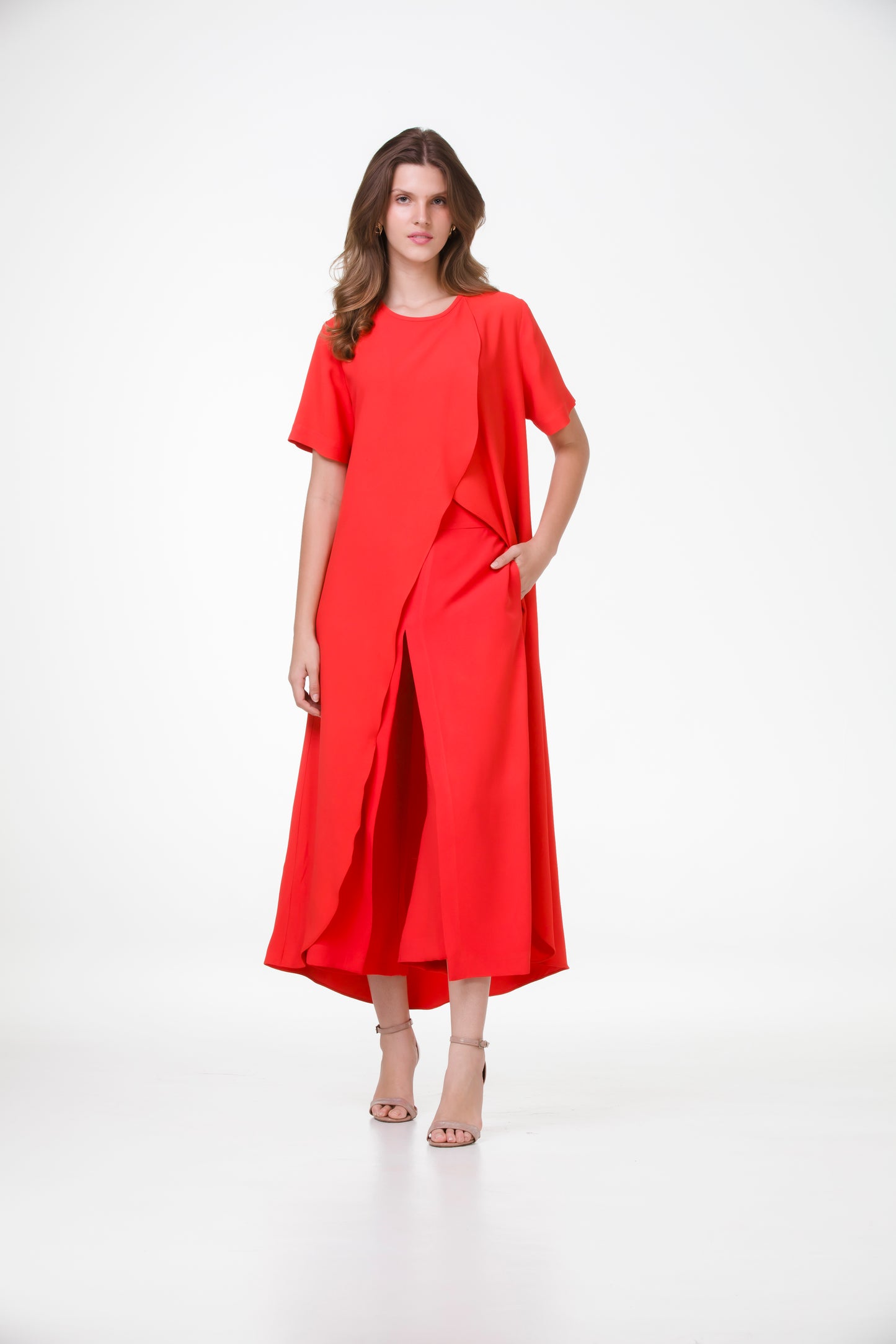 Conjunto Túnica Tulipa e Pantacourt Indiana em Crepe Patou Vermelho