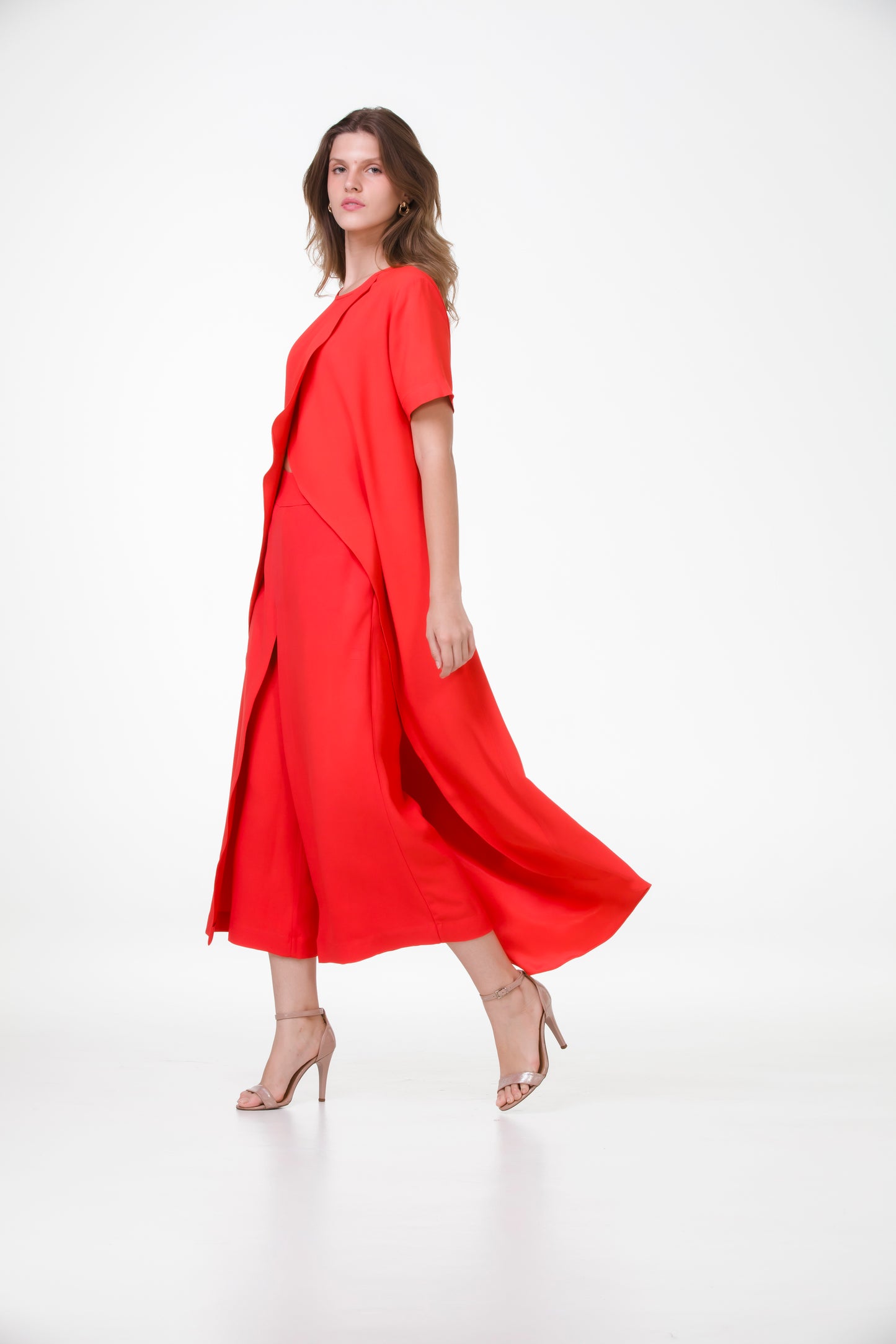 Conjunto Túnica Tulipa e Pantacourt Indiana em Crepe Patou Vermelho