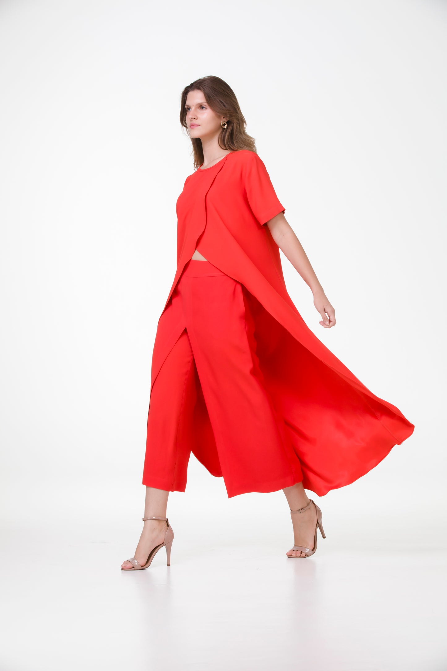 Conjunto Túnica Tulipa e Pantacourt Indiana em Crepe Patou Vermelho