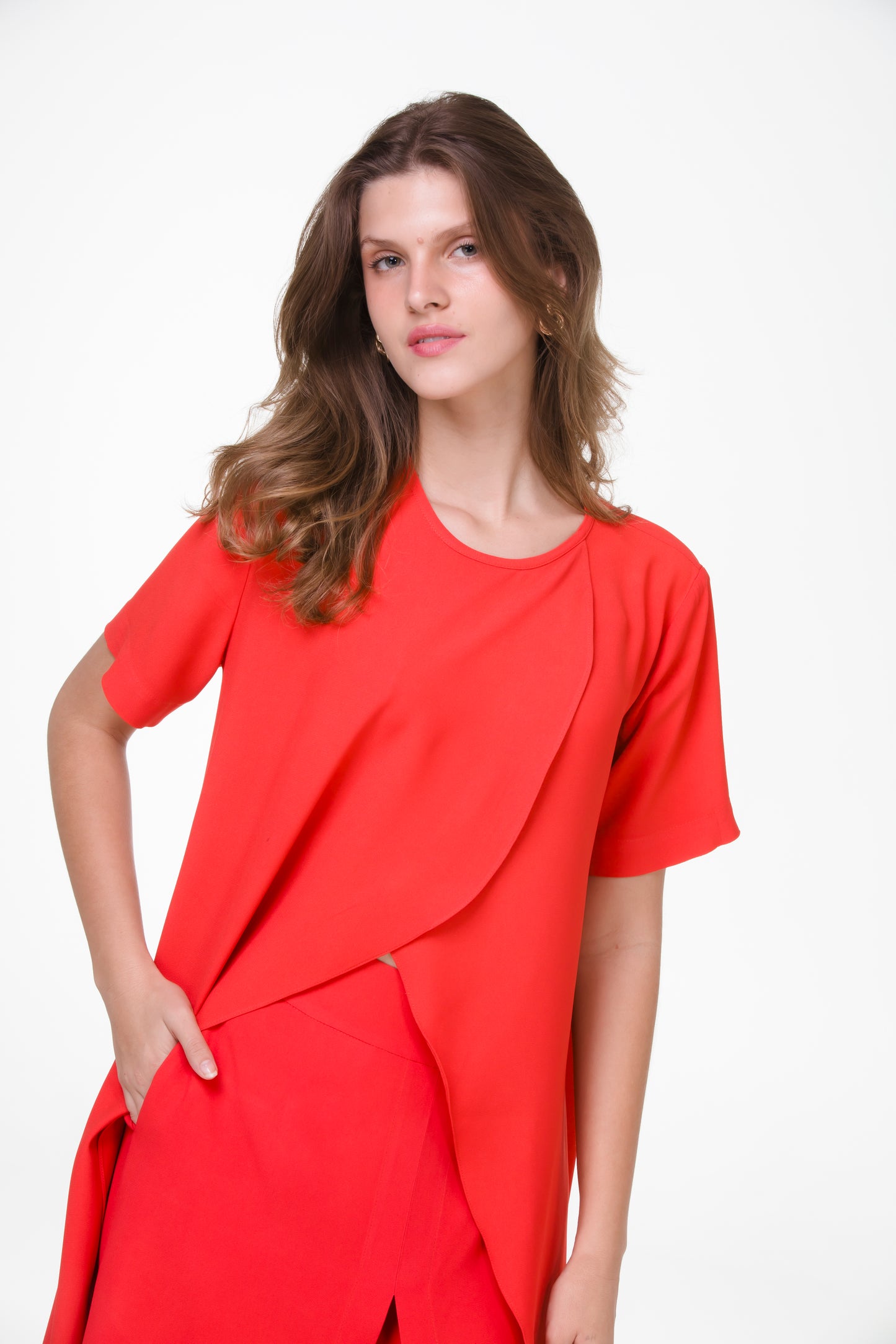 Conjunto Túnica Tulipa e Pantacourt Indiana em Crepe Patou Vermelho