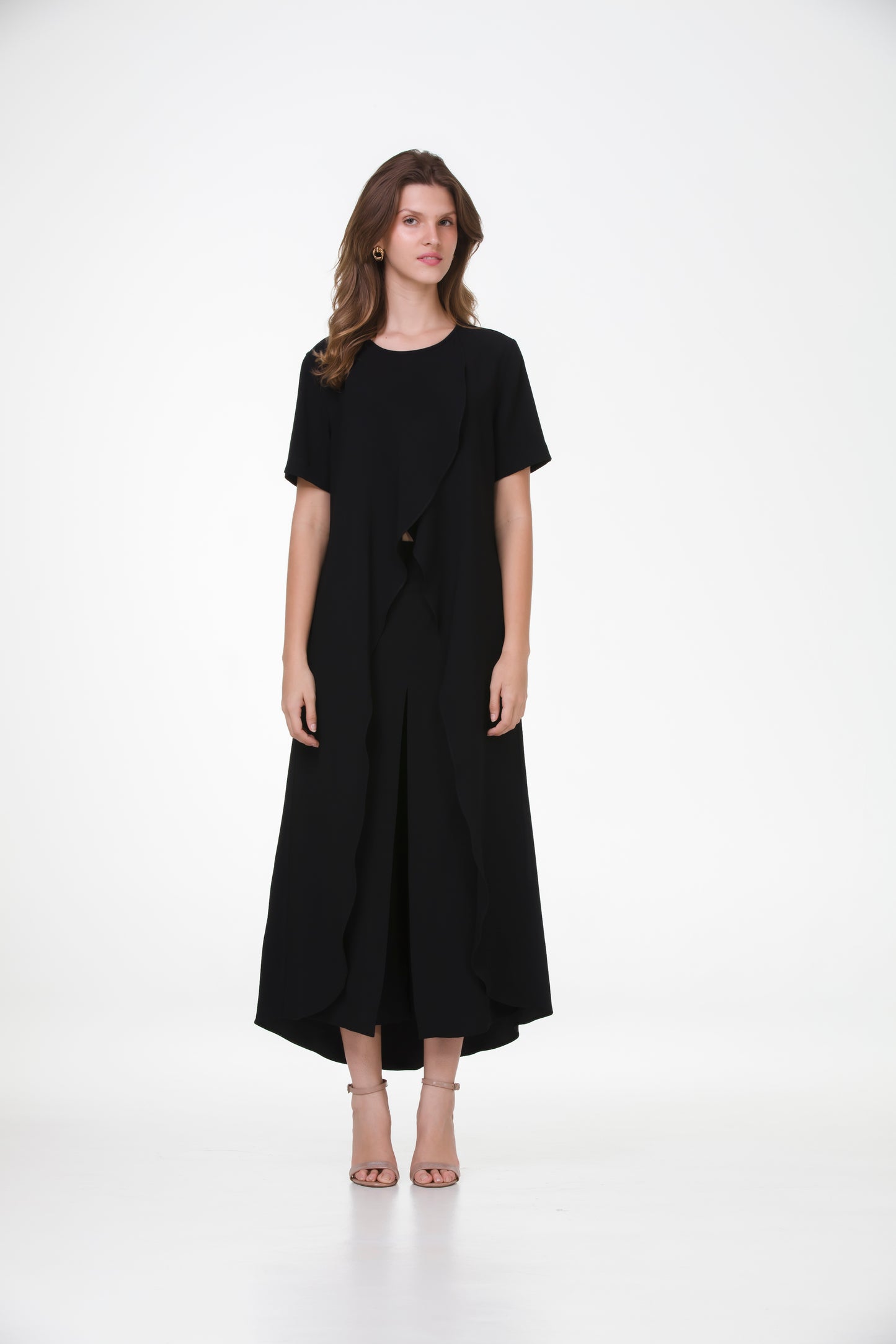 Conjunto Túnica Tulipa e Pantacourt Indiana em Crepe Patou Preto